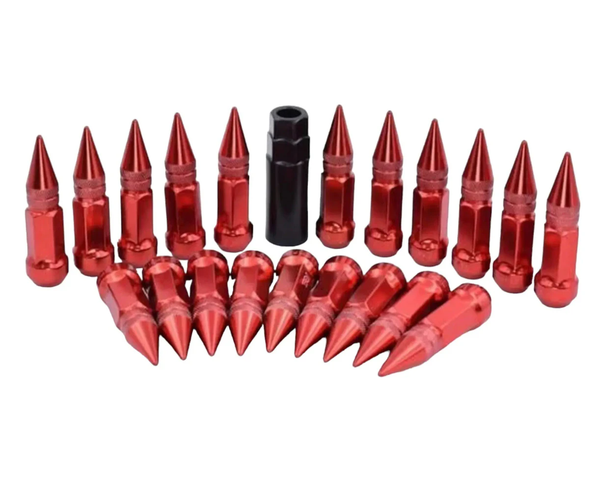 RED M12x1.5 Steel Spiked Lug Nuts (3 Piece Locknuts) w Removeable Spikes - 20pcs