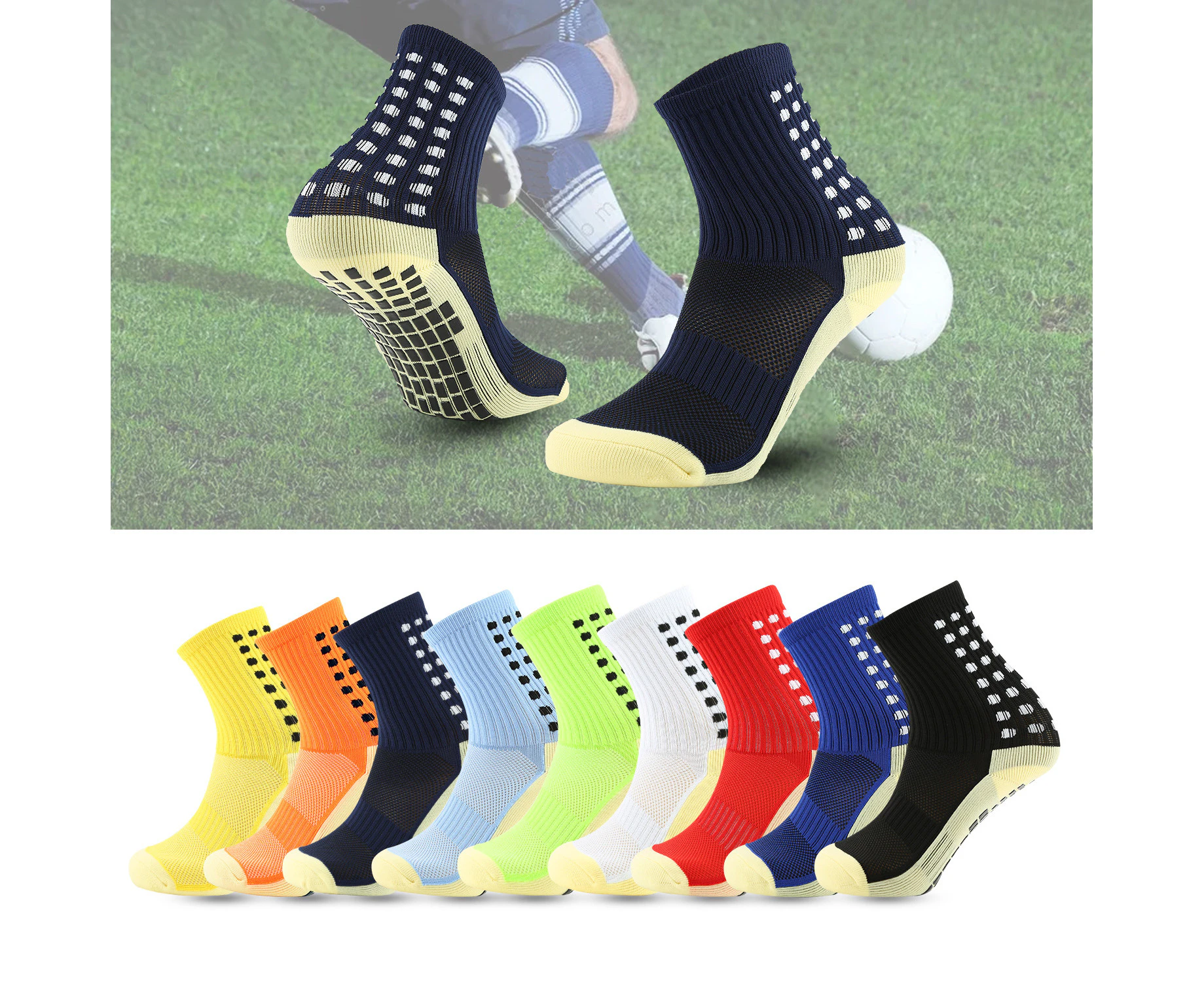 9 Pair Men's Soccer Socks Anti Slip Non Slip Grip Pads