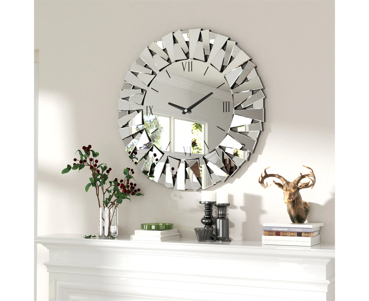 800mm Sunburst Silver Wall Mirror Clock for Entryway Living Room