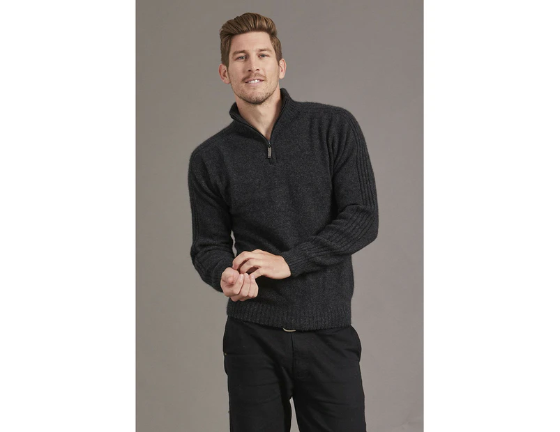 McDonald Possum Merino Short Zip Rib Sleeve Sweater - Charcoal