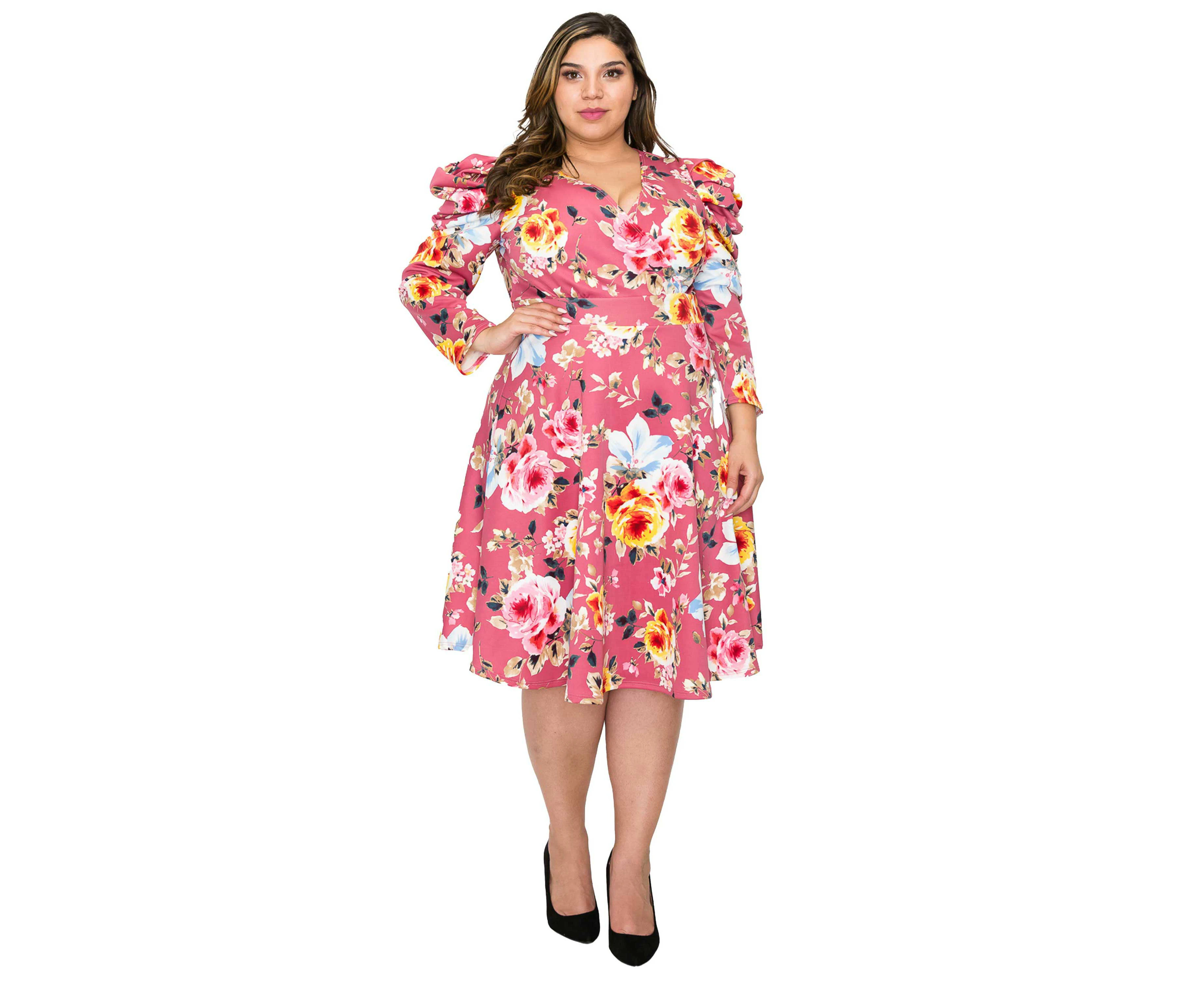 L I V D Women's Plus Size Floral Statement Sleeve Flare Dress