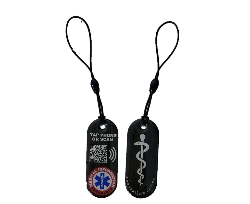 Smart NFC Emergency Medical Information Keyring Tag with passive geolocation tracking system