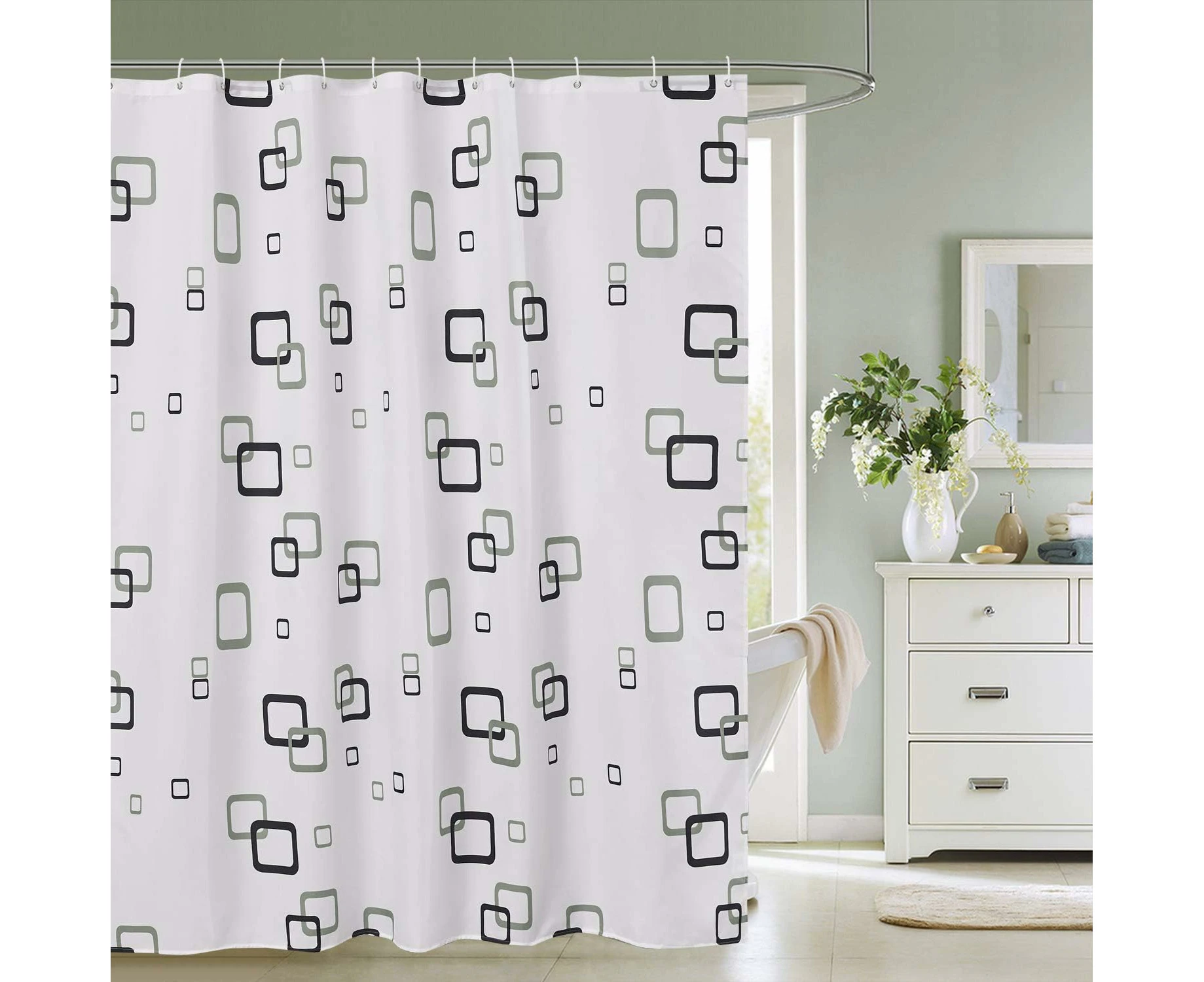 Shower Curtain 180 x 200 cm Polyester Shower Curtains Anti Mould Waterproof Fabric Shower Liner Long Bathtub Bathroom Curtain with 12 Curtain Rings Hooks