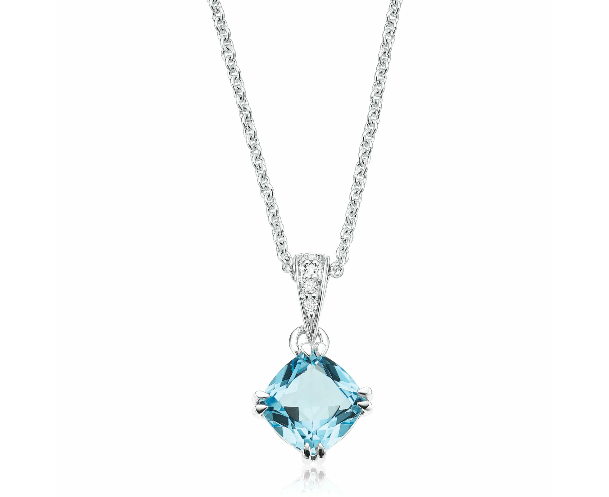 Sterling Silver Cushion & Round Brilliant Cut Blue Topaz & Diamond Set Pendant