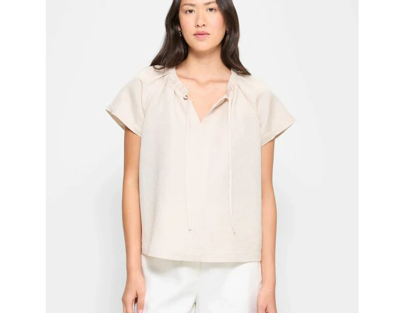 Linen Blend V-Neck Blouse - Preview