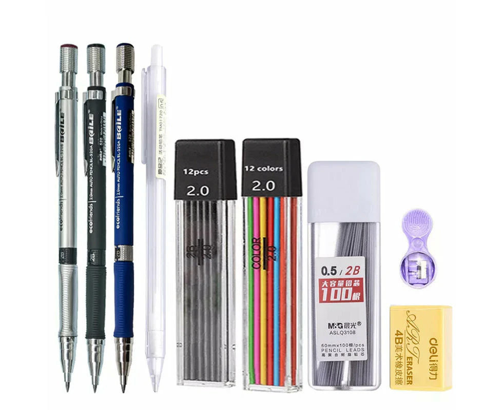 2.0Mm Mechanical Pencil Set With 2B Lead Refill For Writing Sketching And Drawing