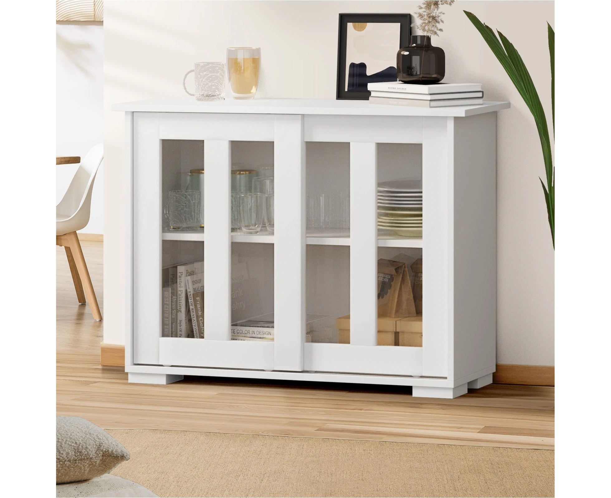 Oikiture Sideboard Buffet Cupboard Cabinet Glass Sliding Door Storage White