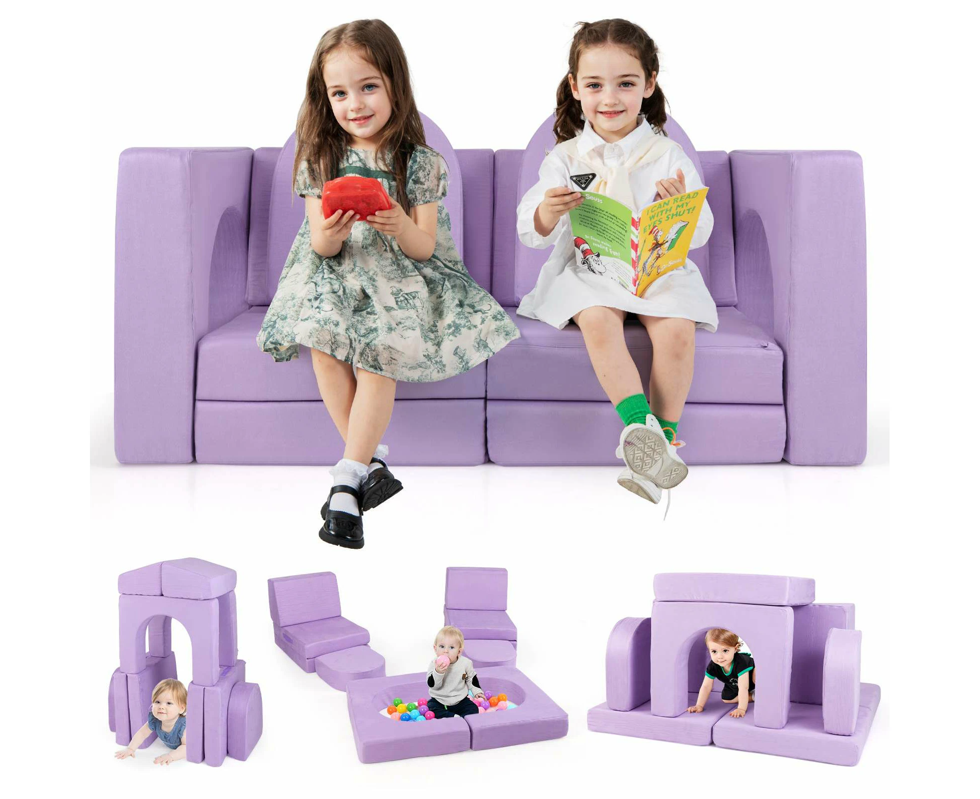 Giantex 8PCS Modular Kids Play Couch Convertible Foam Block Sofa Toddler Activity Playset w/Suede Fabric Purple