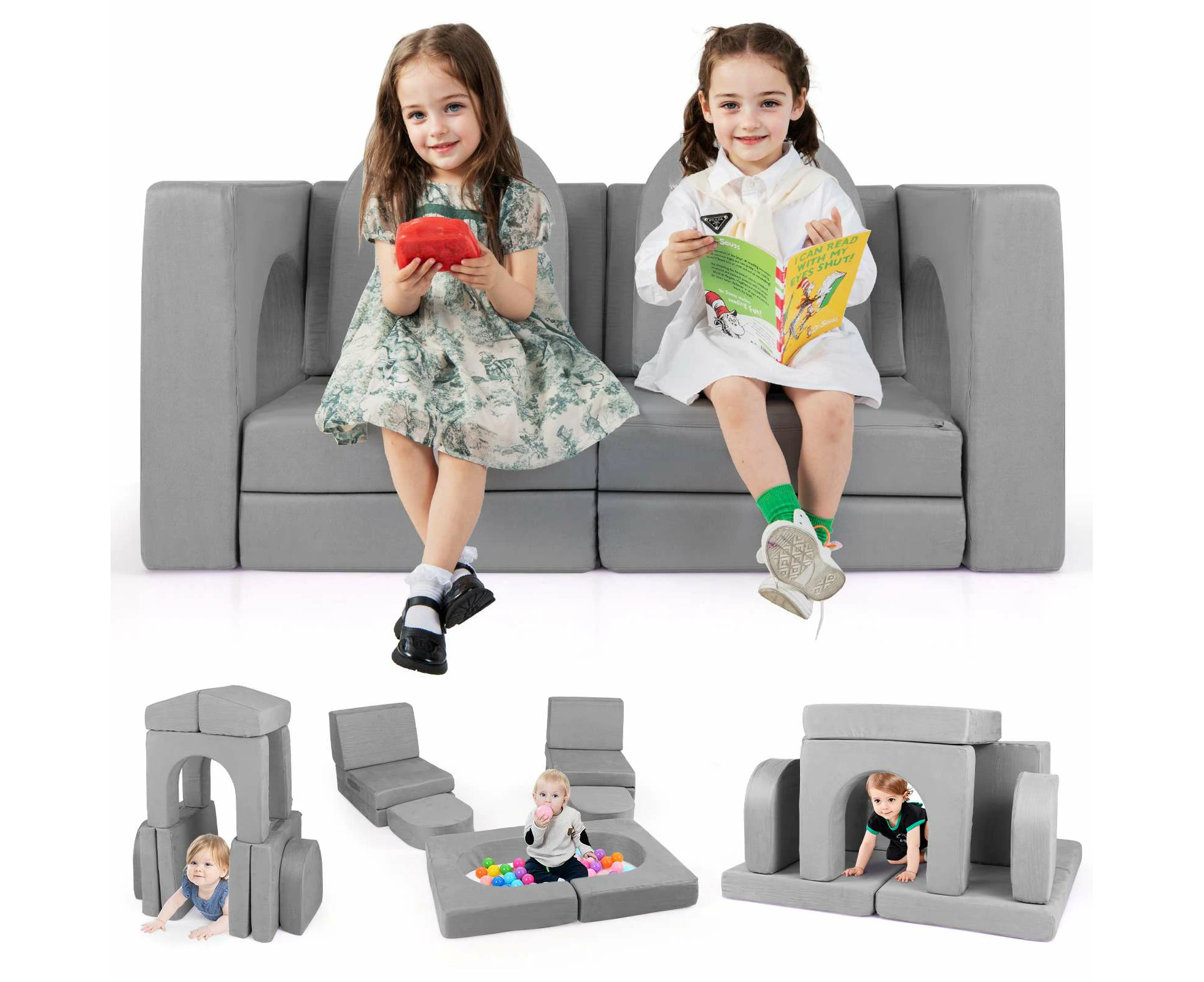 Giantex 8PCS Modular Kids Play Couch Convertible Foam Block Sofa Toddler Activity Playset w/Suede Fabric Grey