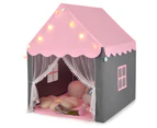 Kids Playhouse w/LED Lights String Children Play Tent Castle w/Curtain & Windows & Washable Mat