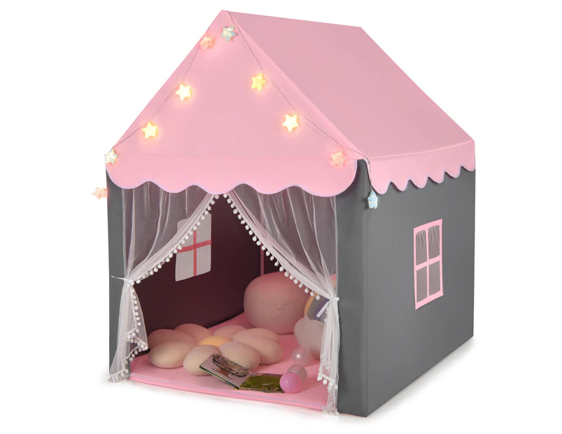 Kids Playhouse w/LED Lights String Children Play Tent Castle w/Curtain & Windows & Washable Mat