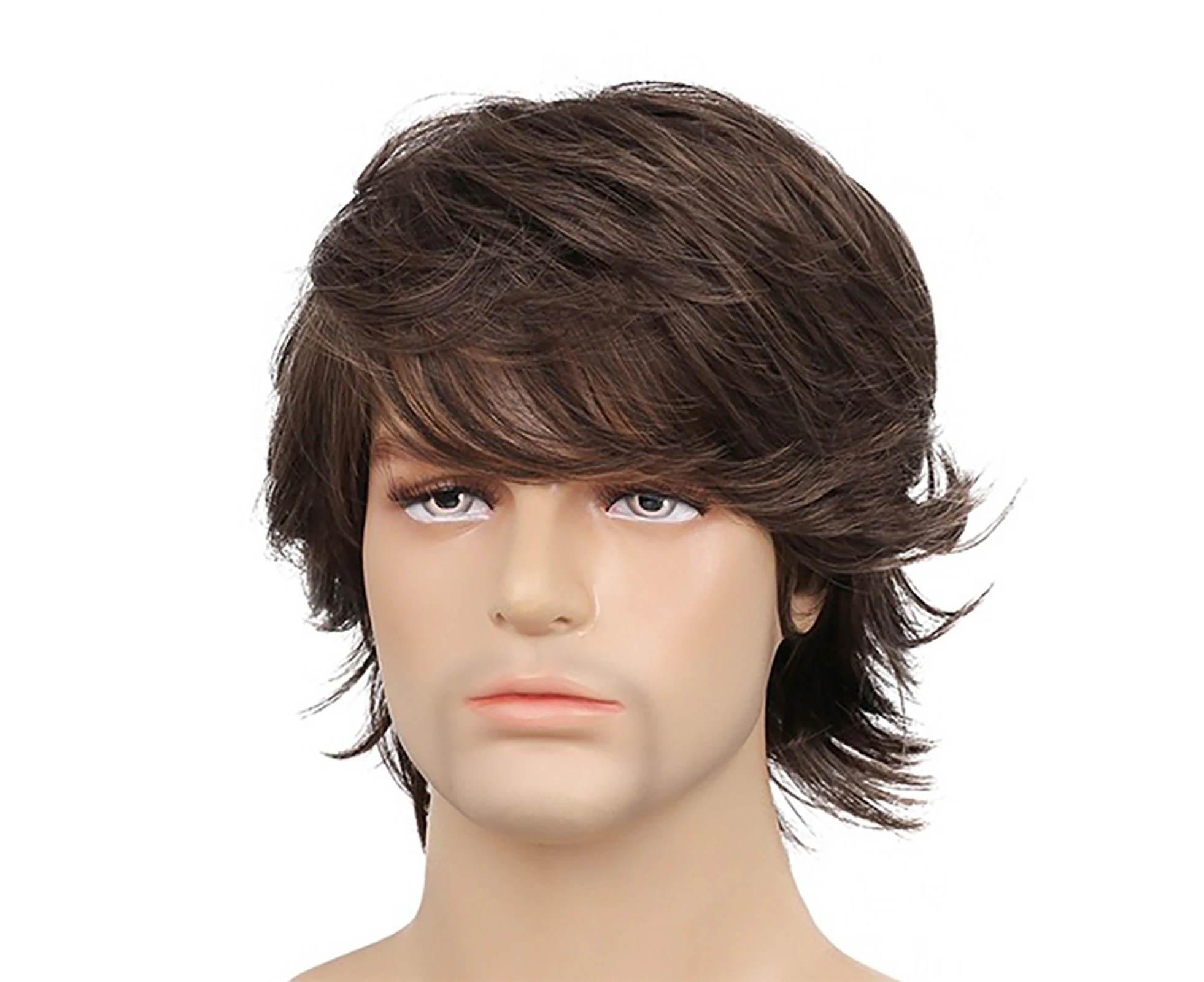 2024 Mens Short Wig with Long Bangs Adjustable Brown Soft Simulation Synthetic Mens Straight Hair for Cosplay