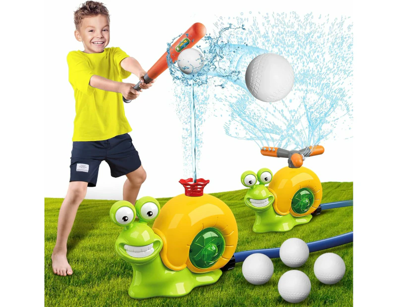 Water Sprinkler Baseball Toy for Kids Outdoor Play, 2 in 1 Snail Summer Water Game with 2 Sprinkler Heads, 360° Roating Spray Water Baseball