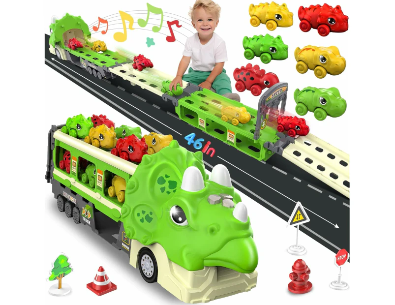 Car Toys for Boy Birthday Gifts, Foldable Ejection Race Track Dinosaur Toy Cars Toy Trucks w/Sound, 6 Dino Cars & 12 Road Signs, Toys for Boys