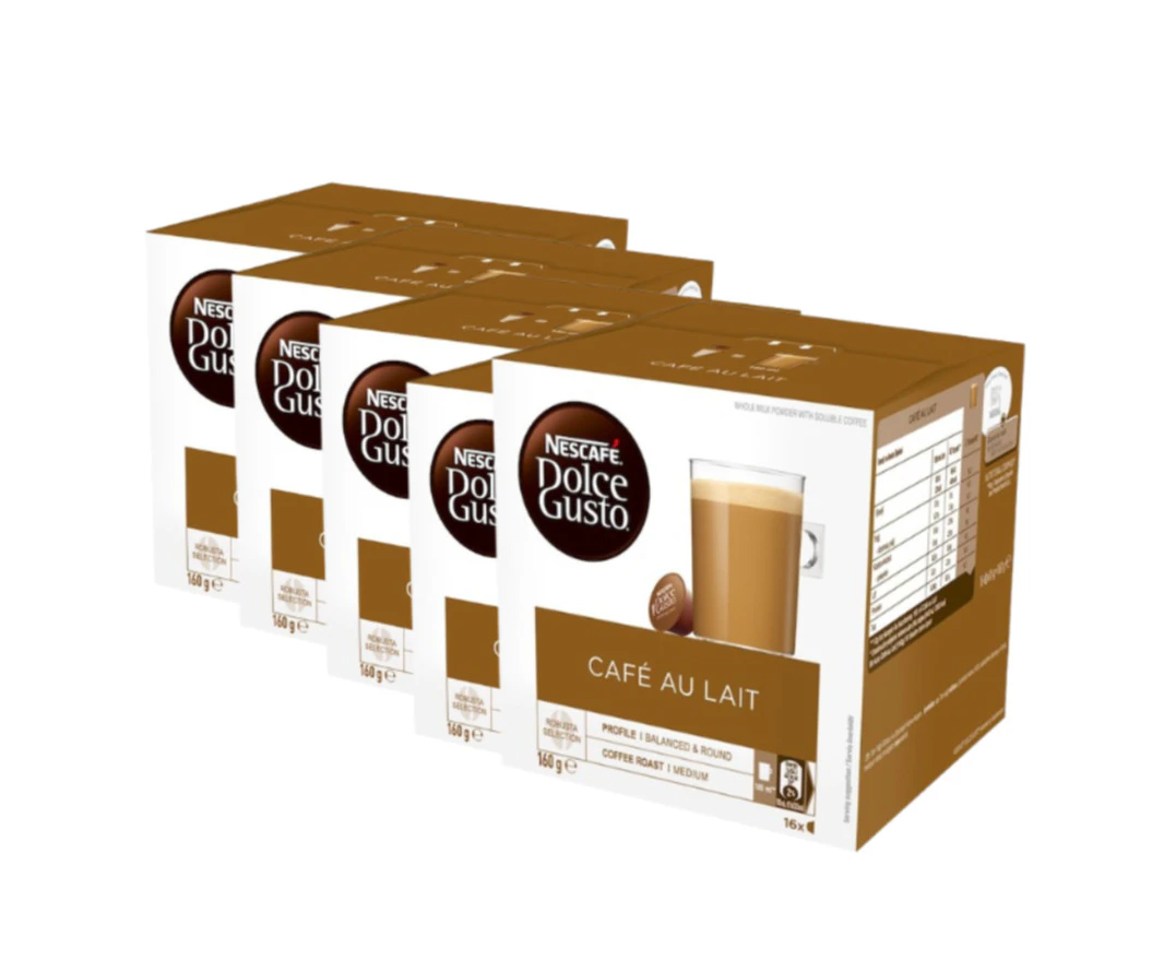 5 x Nescafe Dolce Gusto Cafe Au Lait Coffee Pods Capsules 16 Pack