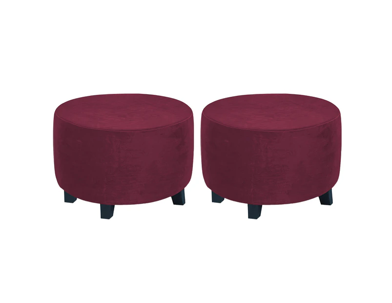 2pcs Stretch Round Ottoman Cover Foot Stool Slipcover Footrest Cover Accent Stool Cover - Wine Red