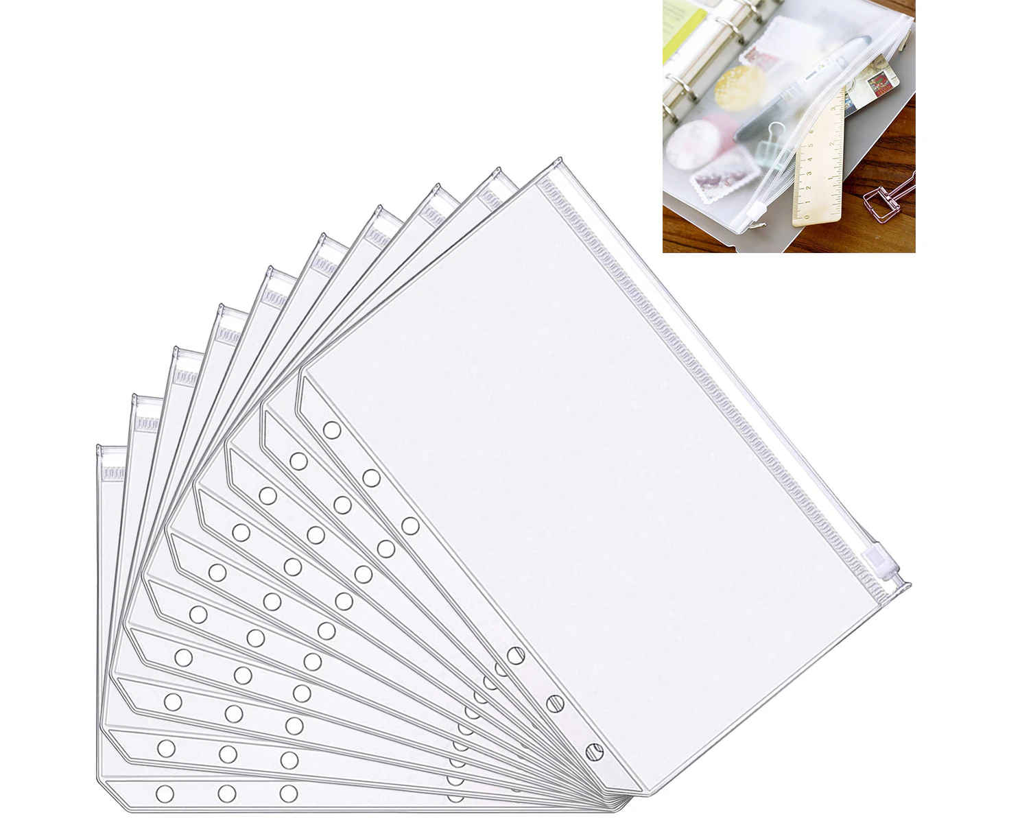 10pcs A5 Size 6 Holes Binder Pockets Translucent Plastic Binder Zipper Folder Leaf Pockets