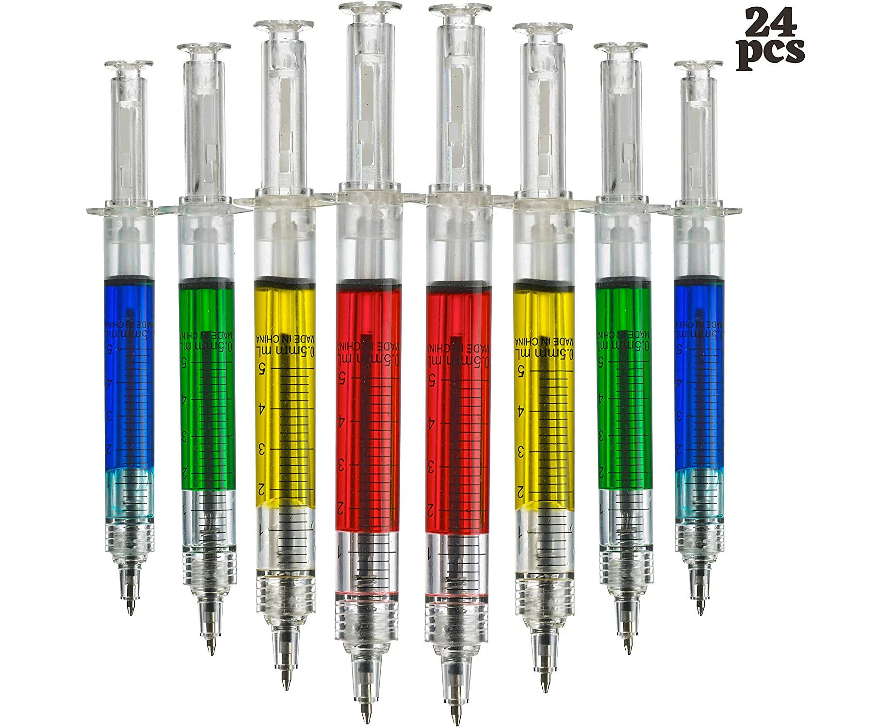 Syringe Pens -(Bulk Pack of 24)Retractable Fun Multi Color Novelty Pen