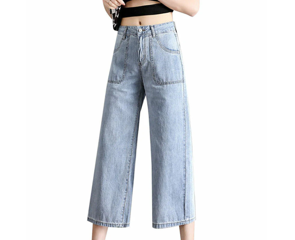 Womens Ladies Summer Casual Loose Baggy Wide Leg Palazzo Jeans Denim Pants Trousers