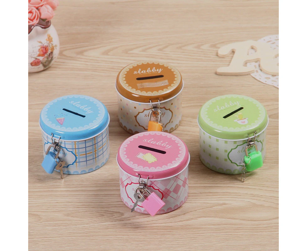 1pcs Random ColorMoney Box Round Cute Creative Coin Box Piggy Bank Money Safe Box with Lock and Key Metal Cartoon Birthday Gift for Children