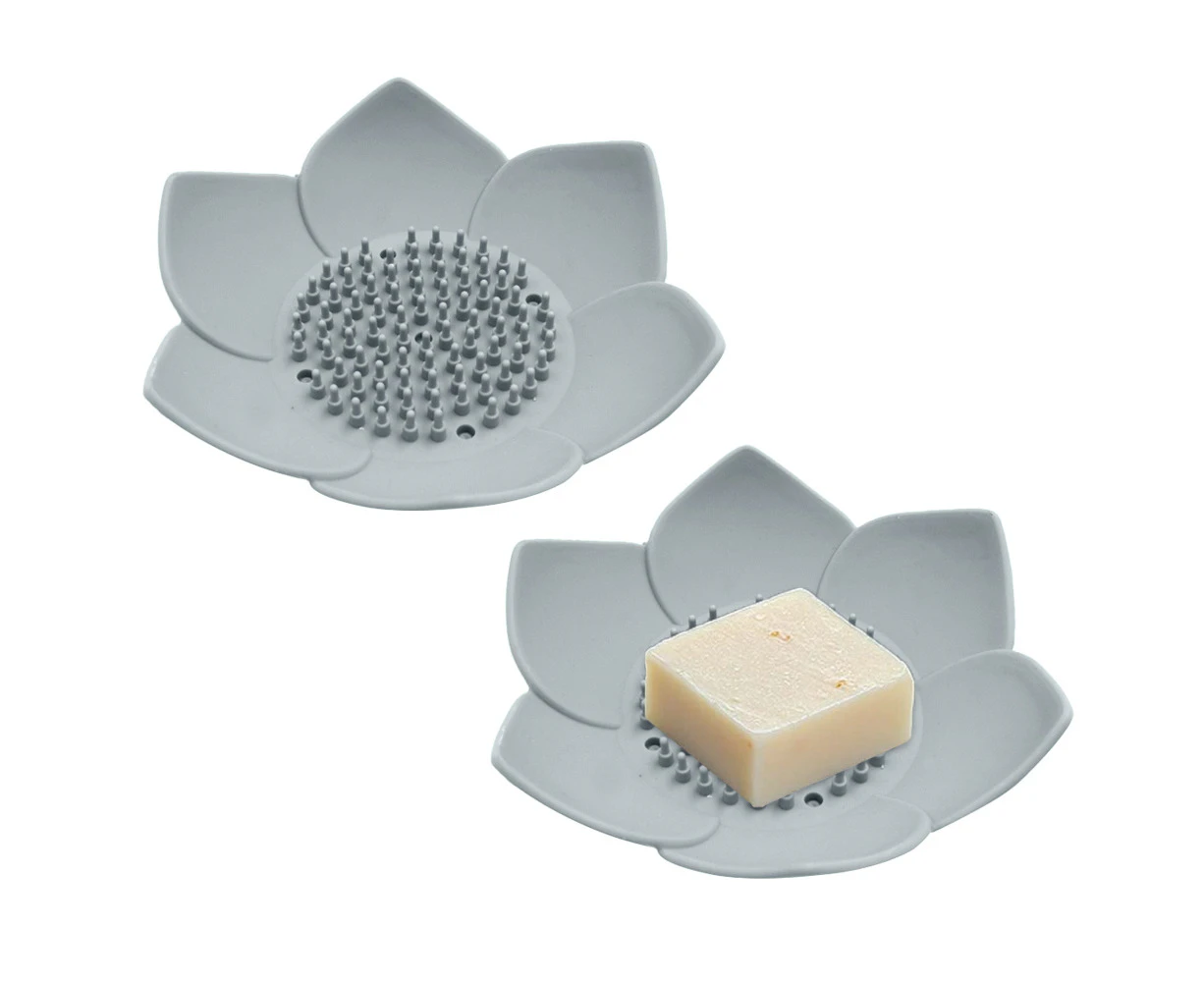 2-piece pack flexible non-slip floral shape design self-draining soap holder - grey