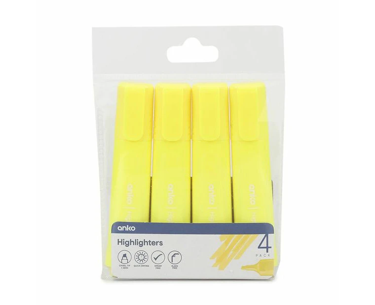 4 Pack Highlighters, Neon Yellow - Anko