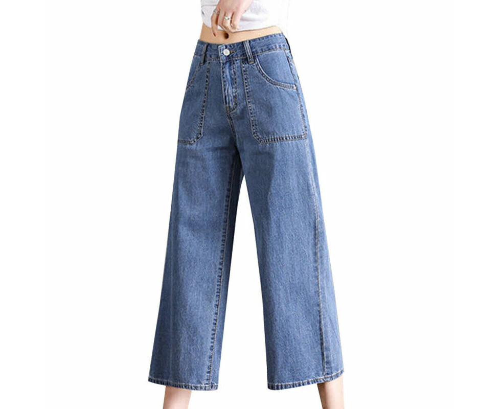 Womens Ladies Summer Casual Loose Baggy Wide Leg Palazzo Jeans Pockets Denim Pants Trousers Bottoms