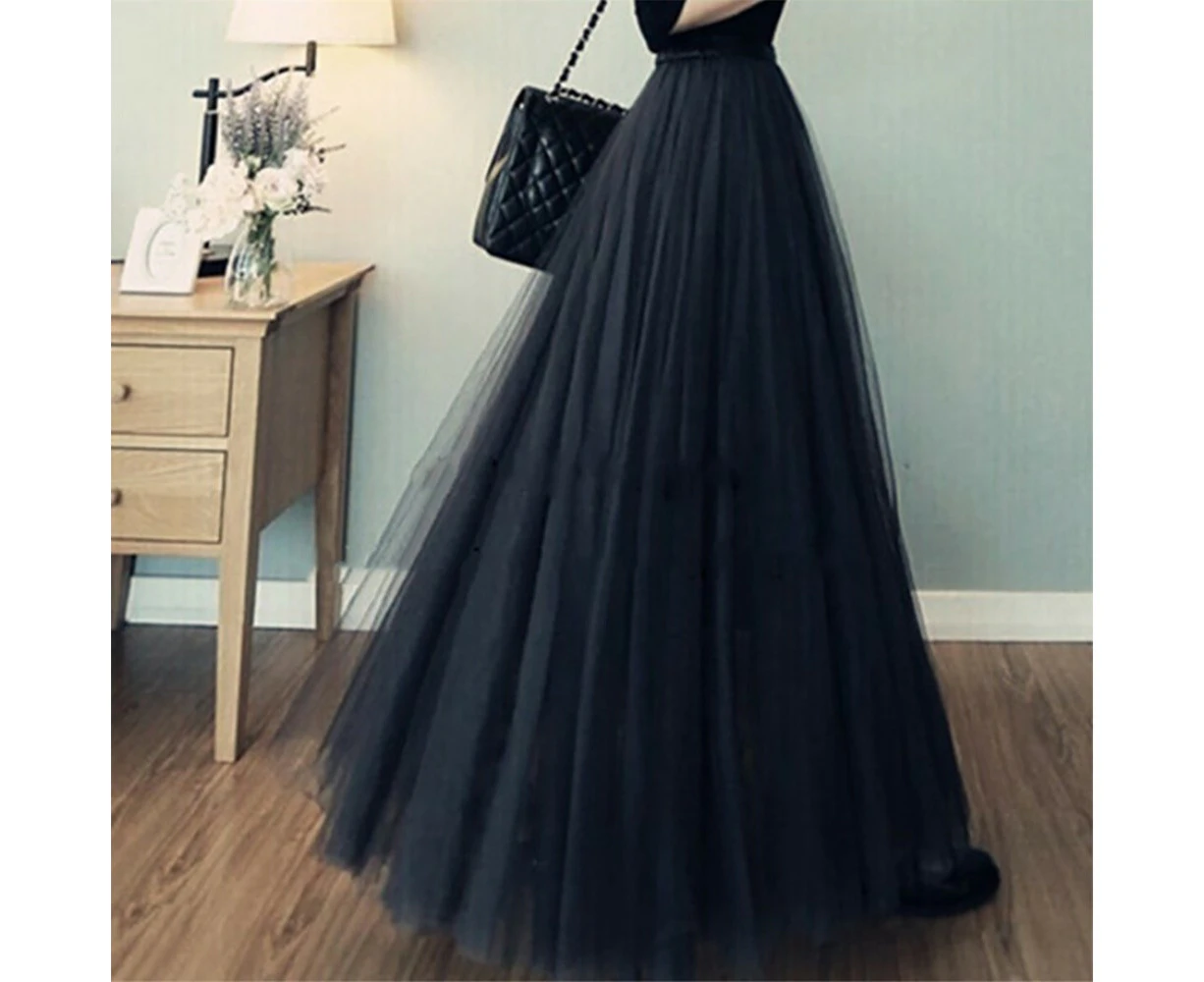 Women Summer Casual Mesh Tulle Tutu Skirt Layered Pleated Party Maxi Long Dress