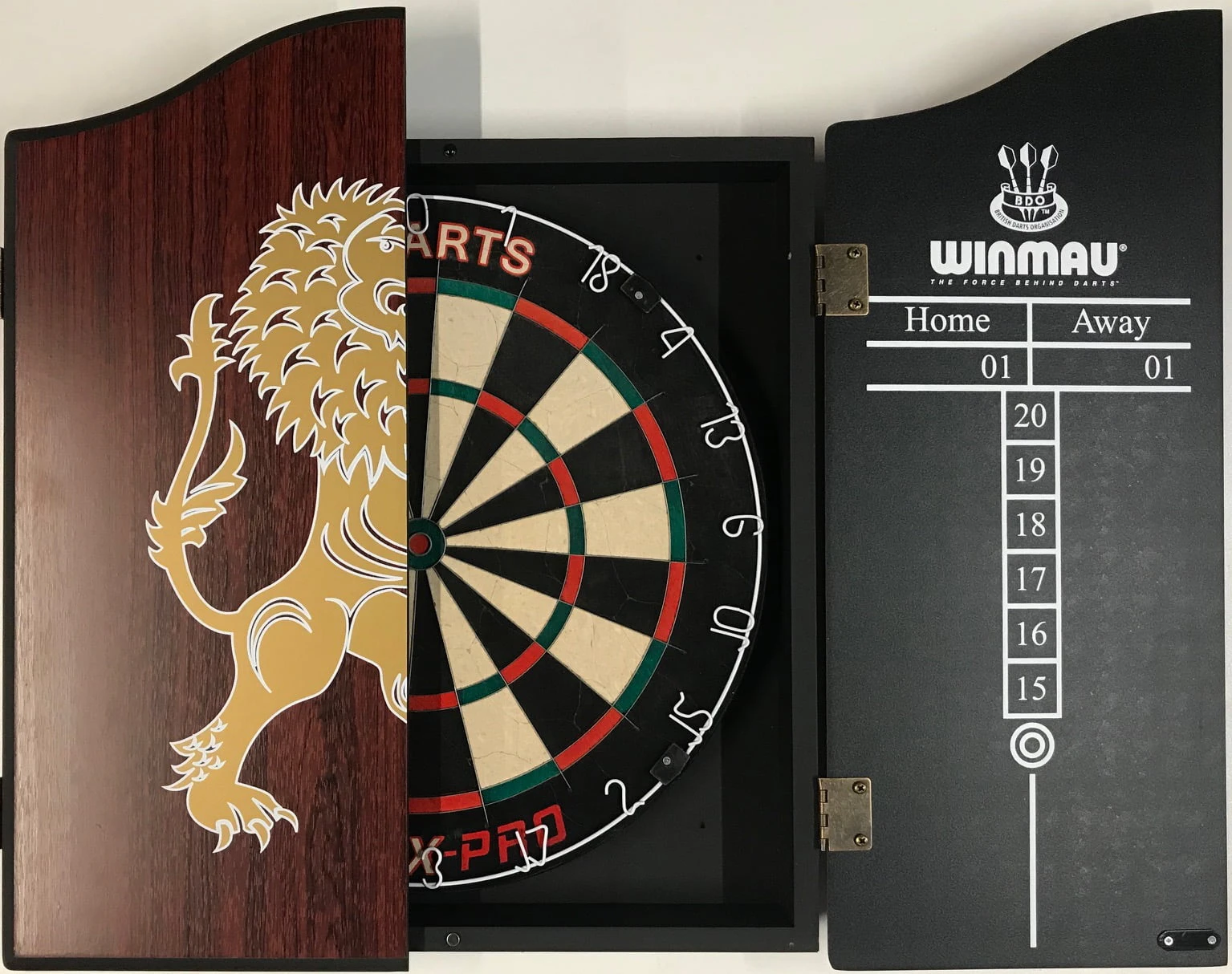 TEX PRO Dart Board Set Winmau Lion Cabinet + Darts