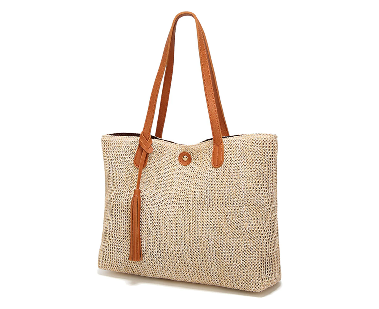 Large Capacity Soft PU Straw Tote Bag Women Summer Beach Handbag with Tassel Shoulder Bags