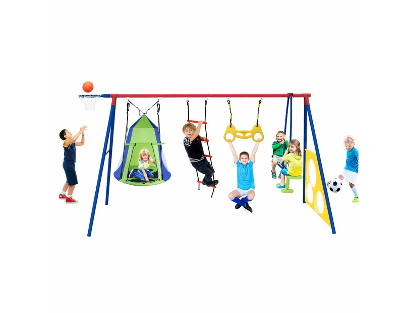 Kids Swing Set Seesaw Basketball Hoop Football Soccer Goal Tent Ladder Trapeze Bar Climbing Saucer 6in1 Child Outdoor Playground Activity Centre