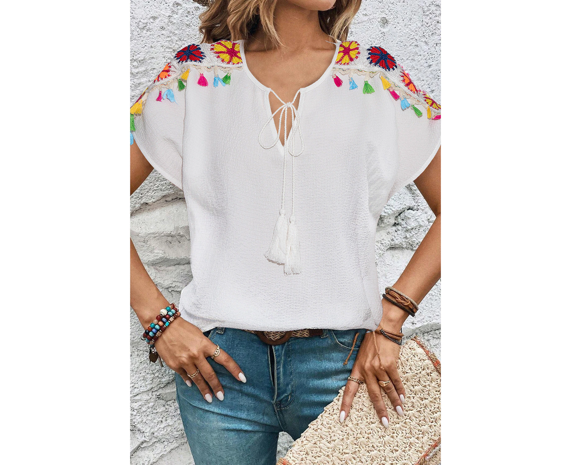 Margot, tie neck blouse with boho crochet patchwork and fringe accents