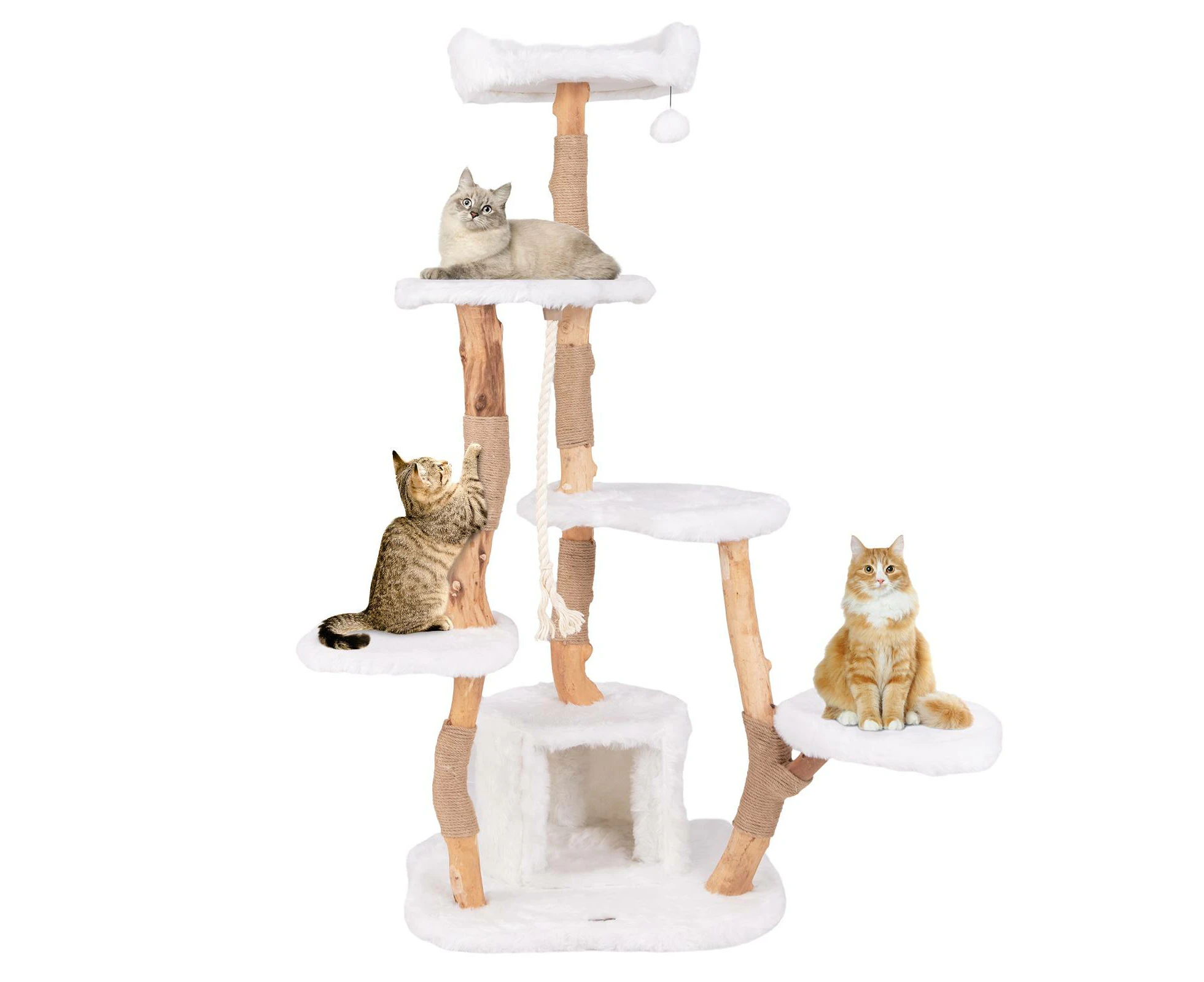 Wooden Cat Tree Cat Tower w/Jute Scratching Posts & Sisal Rope Cat Climbing Furniture