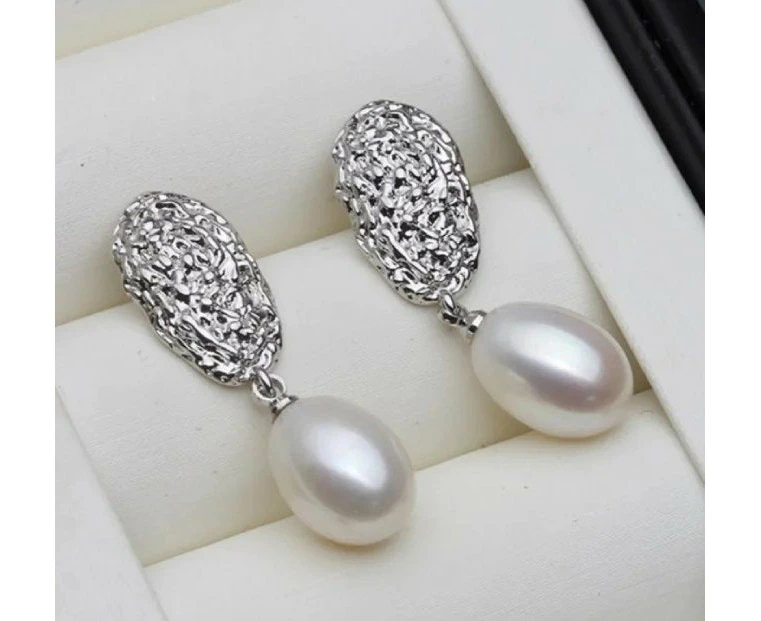 Genuine Freshwater Pearl Oval Statement Stud Earrings - White