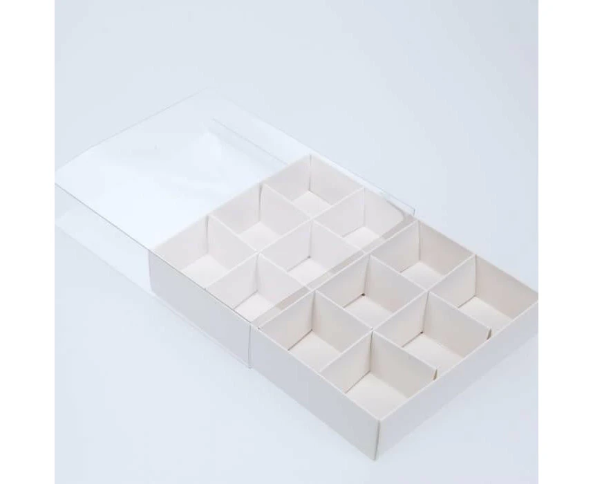 10 Pack of White Card Chocolate Sweet Soap Product Reatail Gift Box - 12 bay 4x4x3cm Compartments  - Clear Slide On Lid - 16x12x3cm