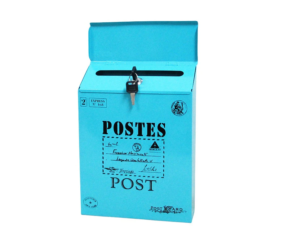 Locking Metal Mailbox Wall Mounted Key Lock Post Box Letter Box-Blue