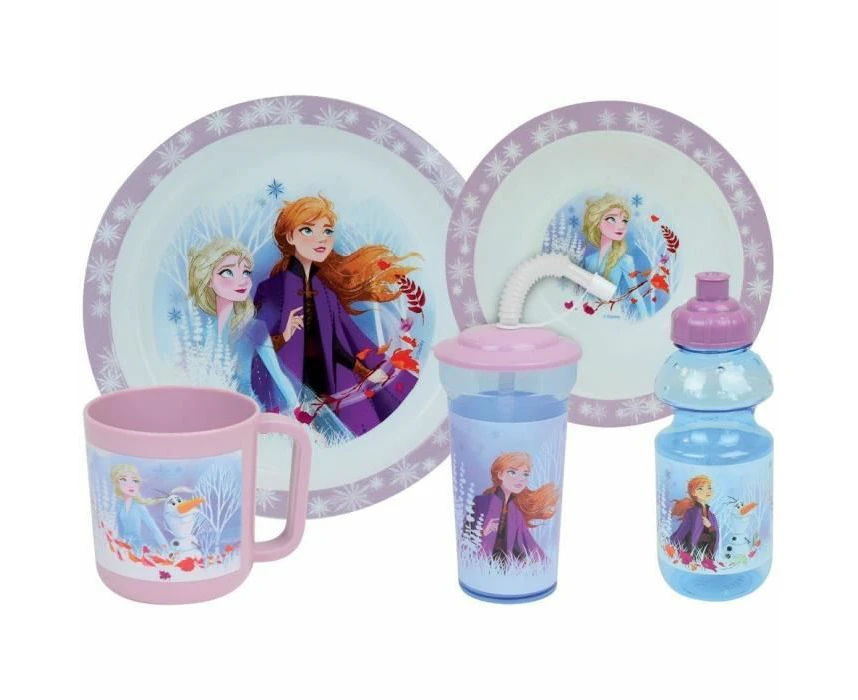 Disney Queen of The Nieges Children's Crockery Set with 1 Deep Plate Diameter 16 cm, 1 Plate Diameter 22 cm, 1 Mug 350 ml, 1 Bottle 350 ml and 1 Straw Cup