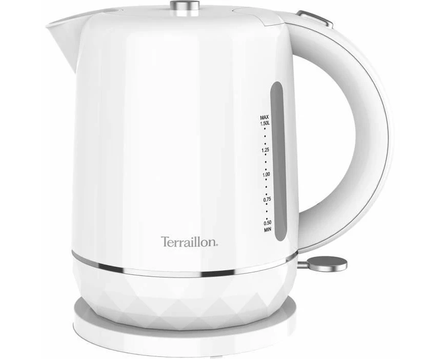 TERRAILLON - Electric kettle DIAMANT WHITE - 1.5L - 2200W - 360° swivel base - Automatic shut-off and backlit button - Water level indicator - Raised diamo