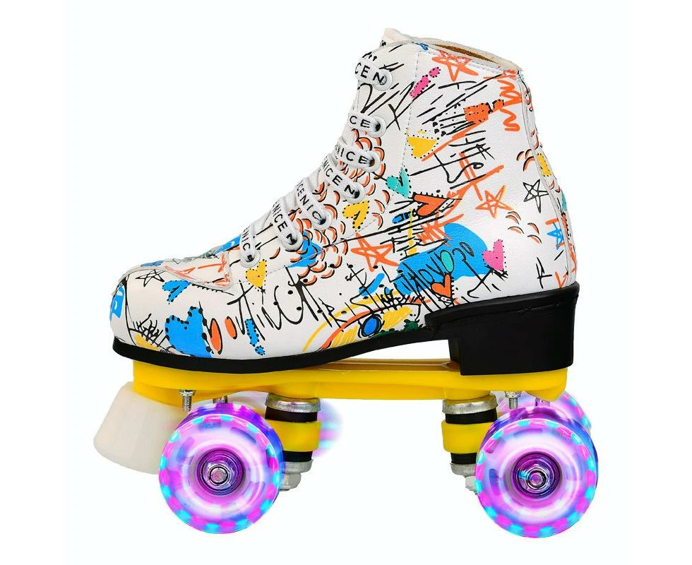 Adult Children Graffiti Double Row Four-Wheel Roller Skating Shoes - Size 39