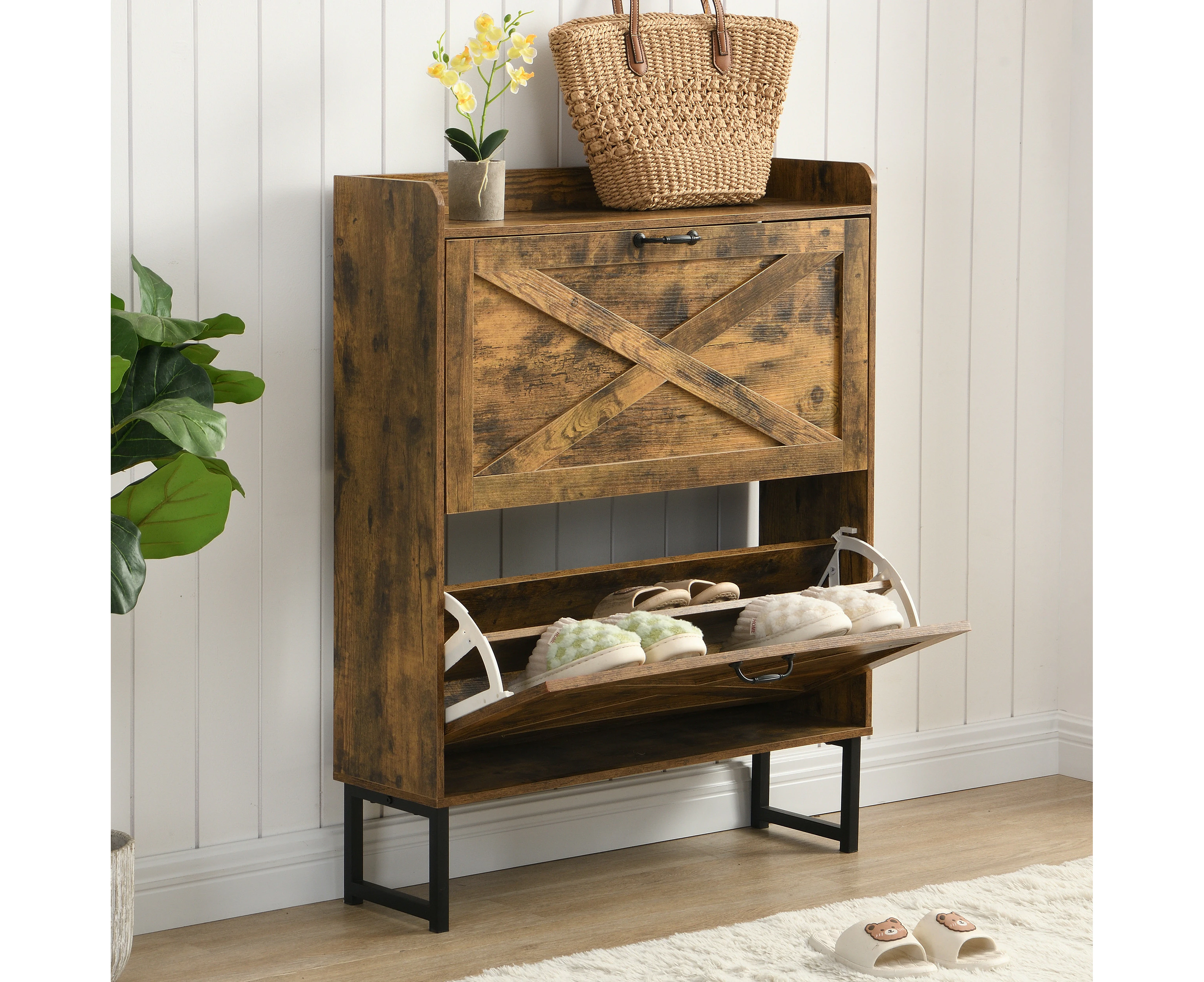 IHOMDEC Shoe Storage Cabinet with 2 Flip Drawers and Metal Legs Rustic Dark Brown