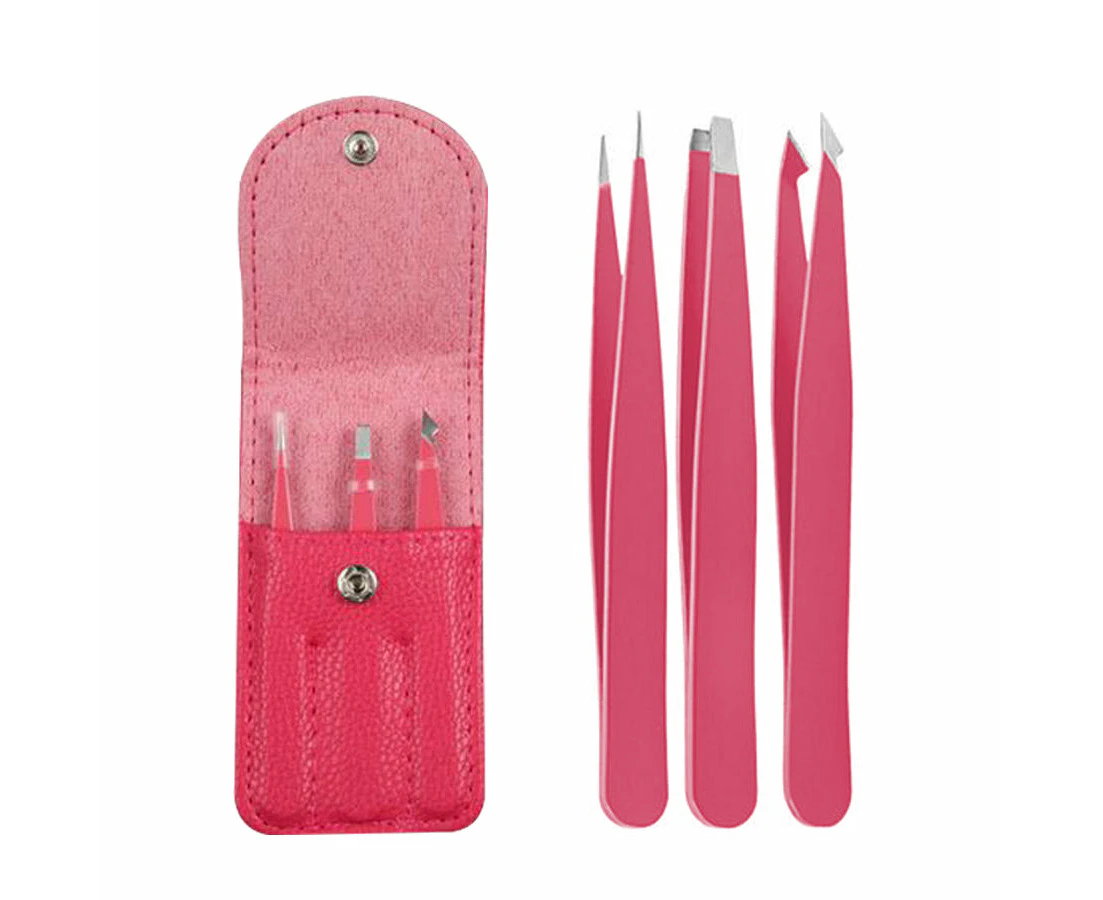 3 Pcs Professional Tweezers Set Stainless Steel With Fashion Leather Travel Case (rose Red)