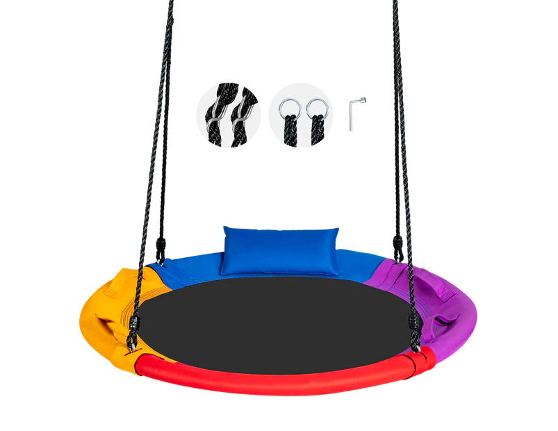 100cm Kids Outdoor Round Swing Saucer Tree Swing Seat Hammock Chair w/Pillow 150kg Bearing Capacity