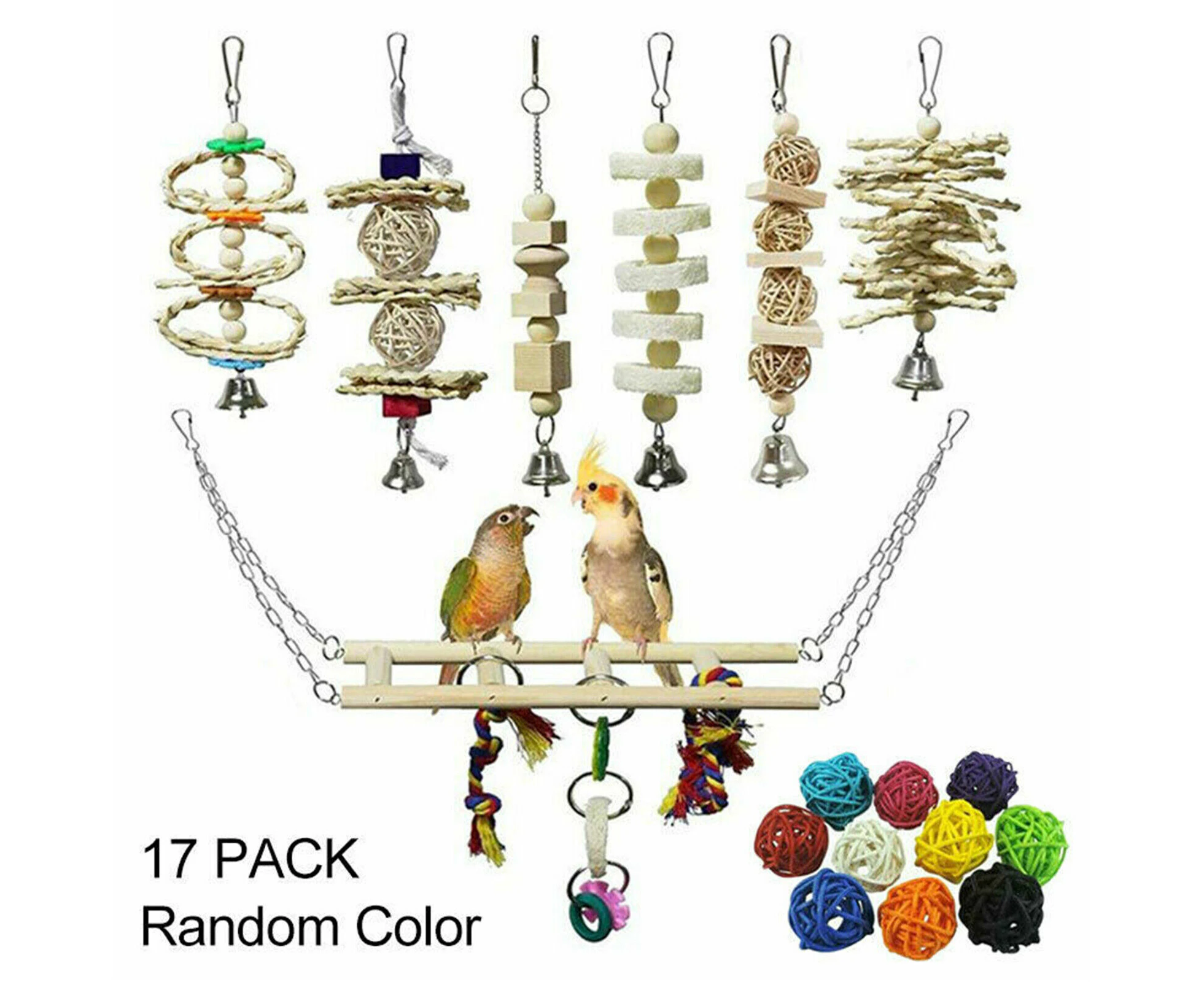 17PCS Bird Toys Parrot Swing Toys Chewing Hanging Bell Cockatiel Cage Toy Set AU