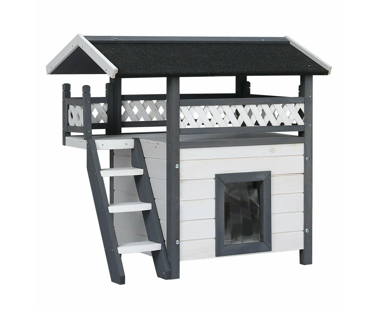 Rabbit Hutch Cat Shelter Outdoor Wooden Small Pet Kennel - Grey and White