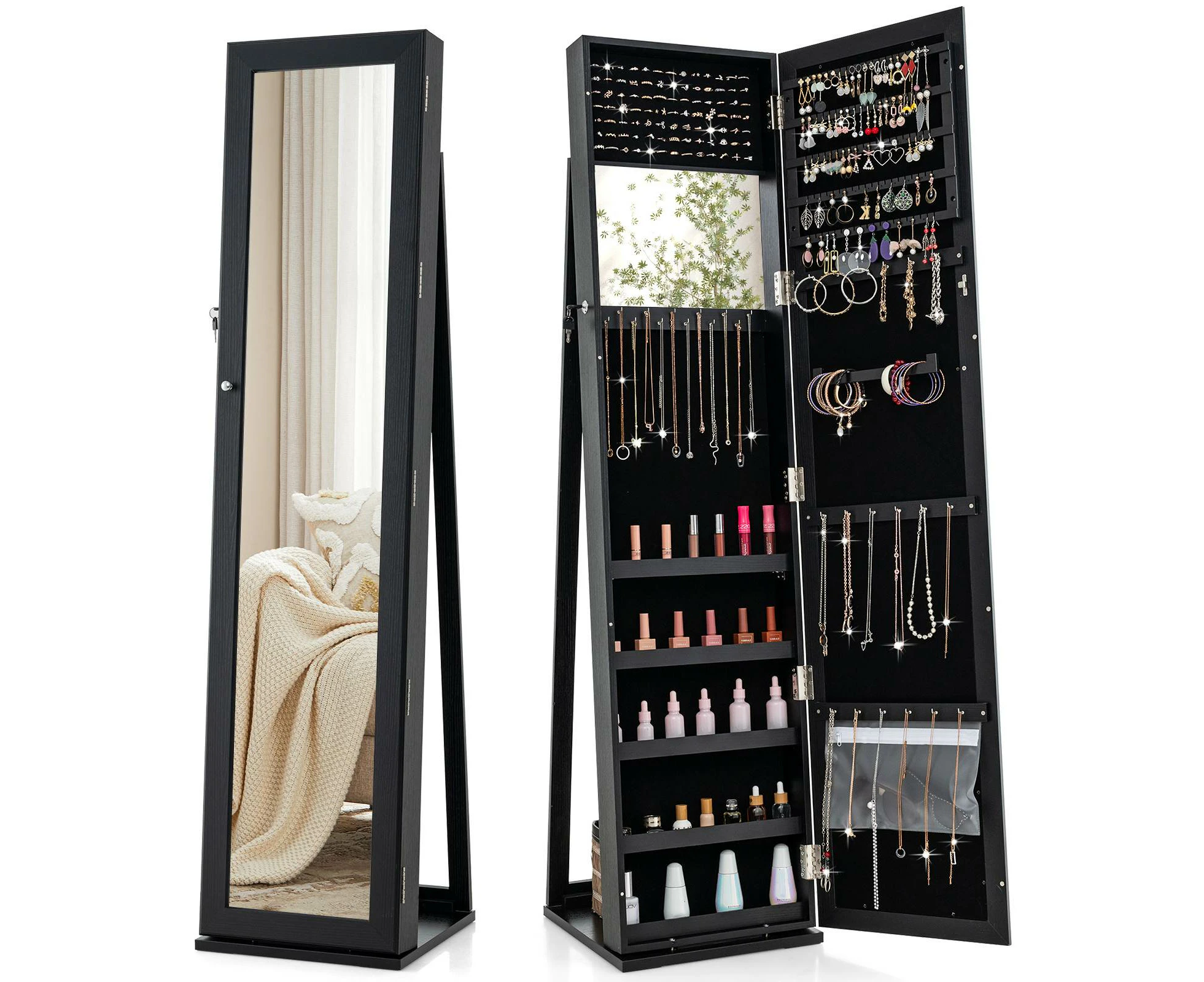 Costway Rotating Lockable Jewelry Cabinet Armoire w/Full-Length Mirror Freestanding Jewelry Organizer Black