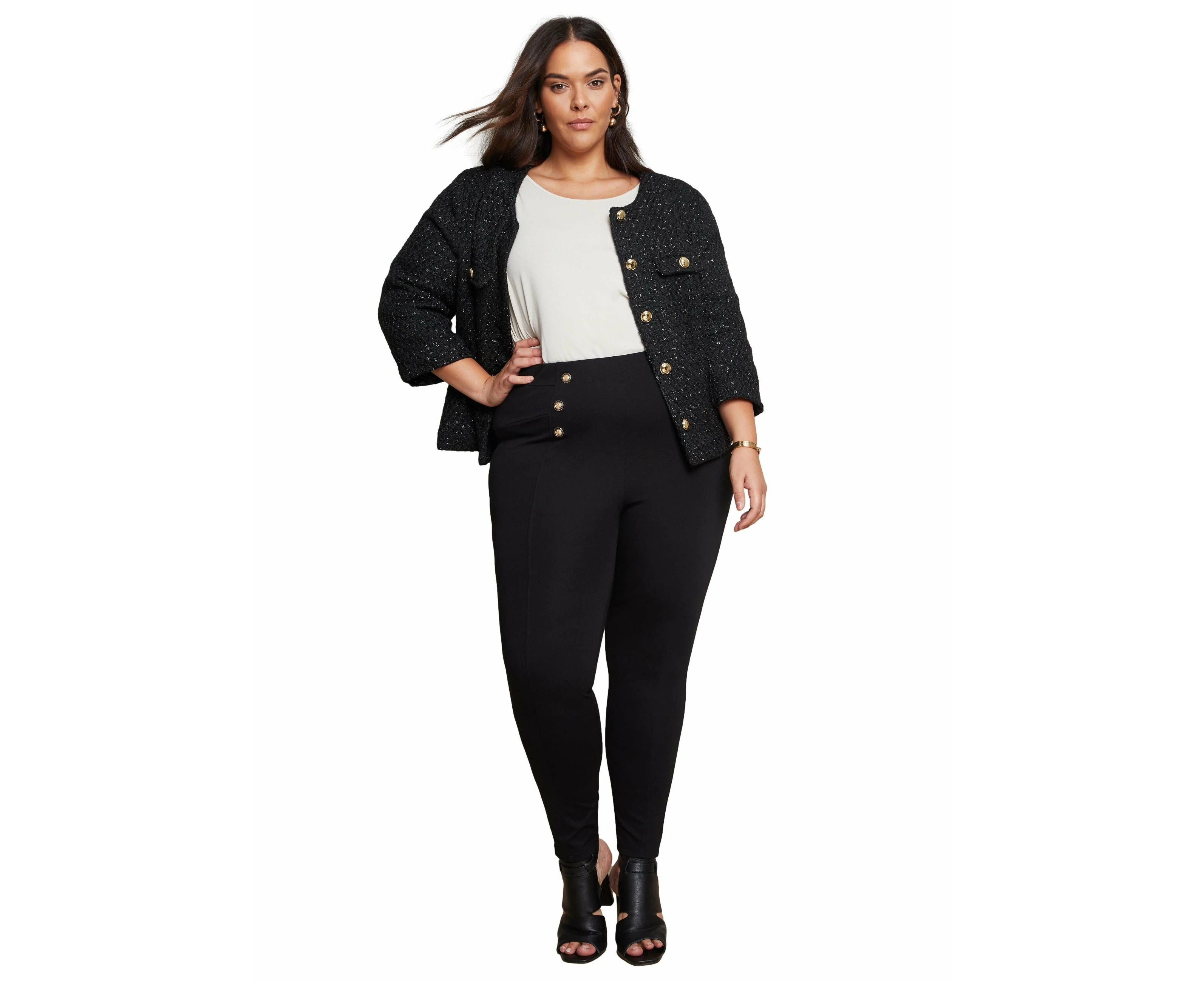 Autograph - Plus Size - Womens Pants - Black Winter Ponte - Leggings - Trousers - High Waist Button Front - Casual Fashion Work Clothes - Office Wear