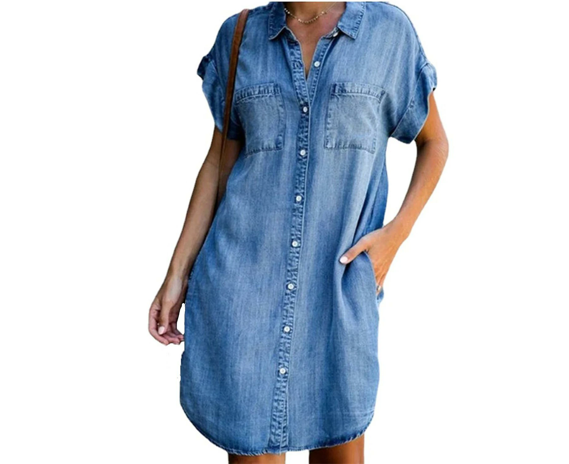 Women Denim Shirt Short Sleeve Dresses Casual Loose V-Neck Midi Jean Dress Tunic Distressed Button D