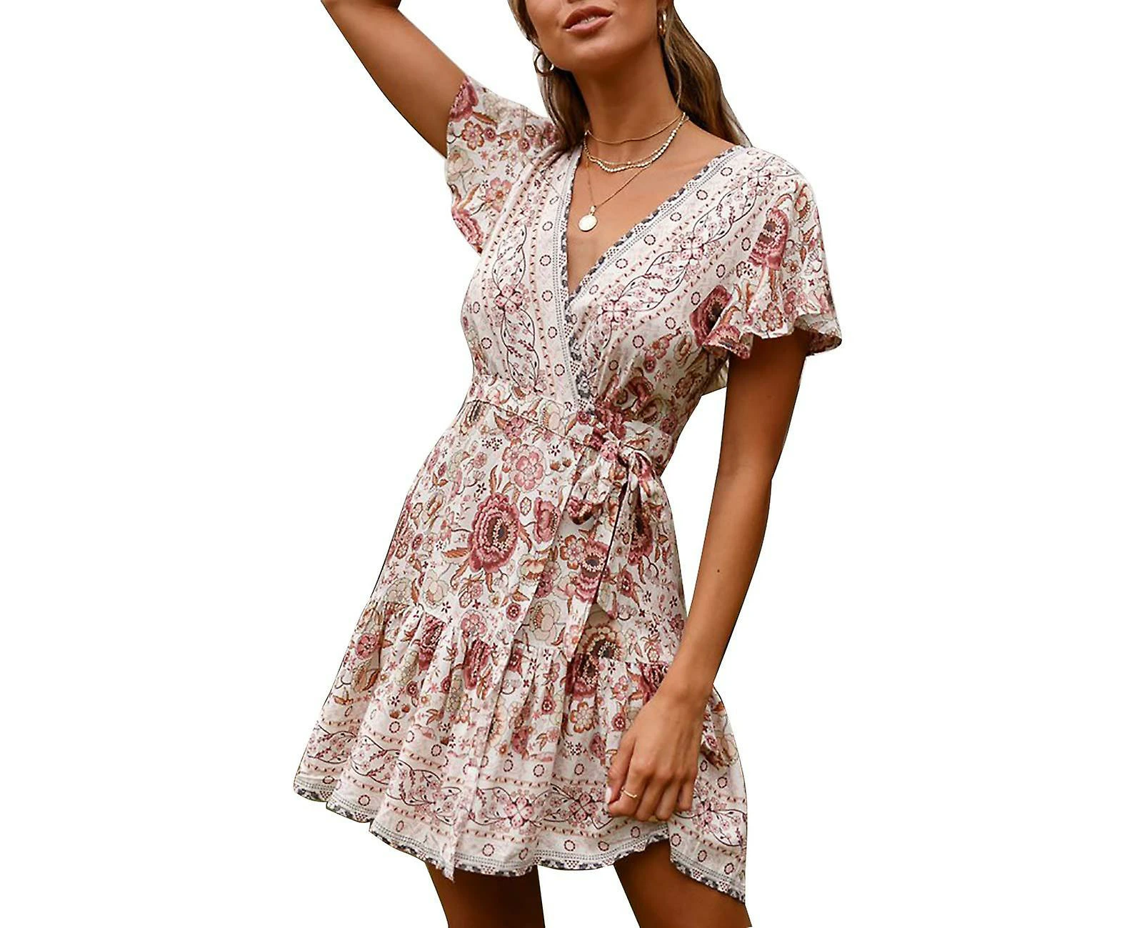 V Neck Summer Mini Dress Bohemian Floral Printed Beach Dress For Vacation Party