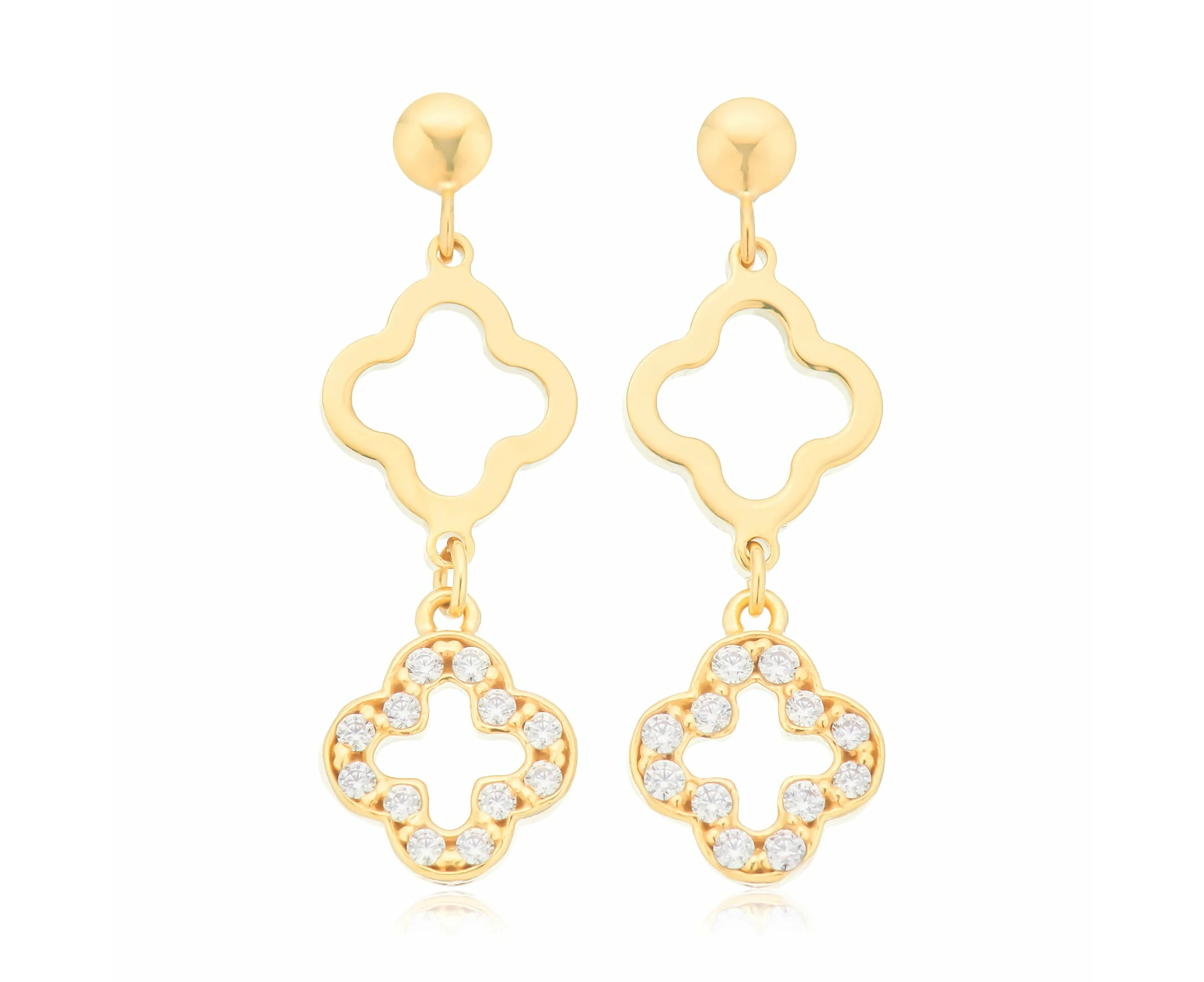 9ct Yellow Gold Silver Filled Round White Clover Cubic Zirconia Drop Earrings