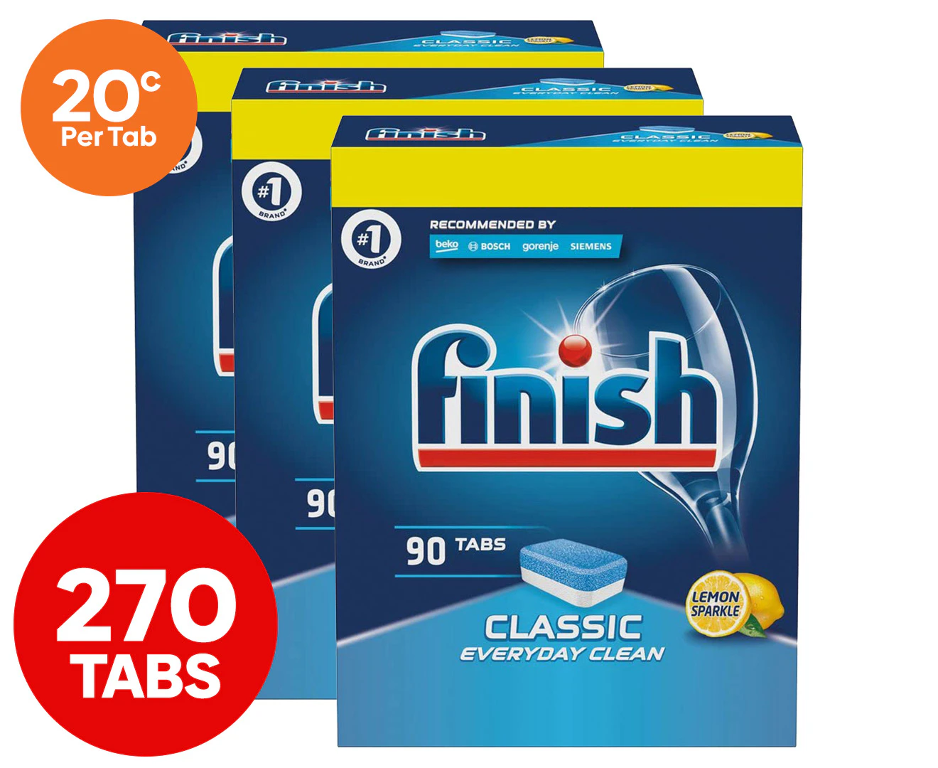 3 x 90pk Finish Classic Everyday Clean Dishwasher Tabs Lemon Sparkle